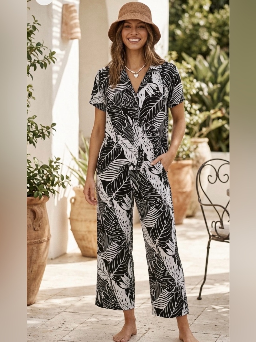 GRACE Tropical Leaf Print Two Piece Matching Set Wide Leg Pants & Shirt